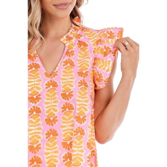 Mud Pie Becky Colorful Flutter Sleeve Cotton Poplin V-Neck Resort Style Top Sz M - Picture 2 of 12